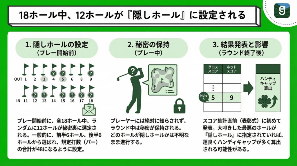 18ホール中、12ホールが「隠しホール」に設定される Diagram