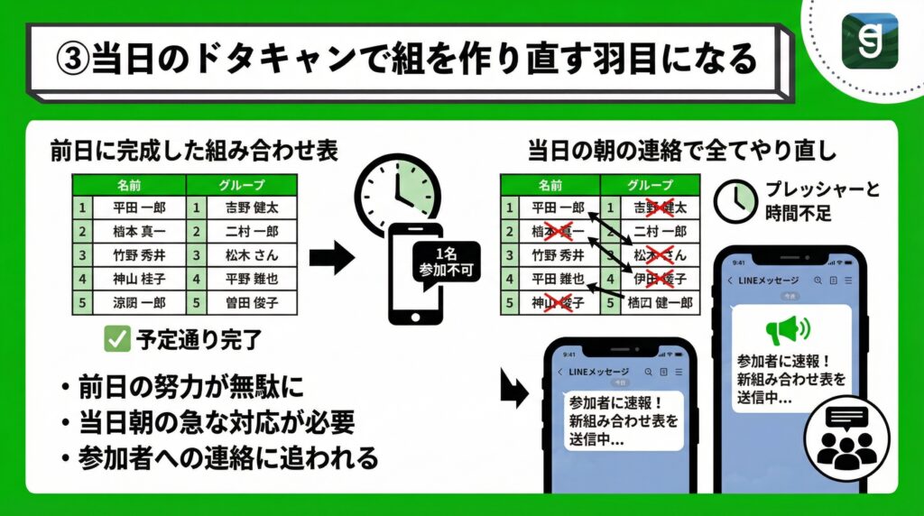 ③当日のドタキャンで組を作り直す羽目になる Diagram